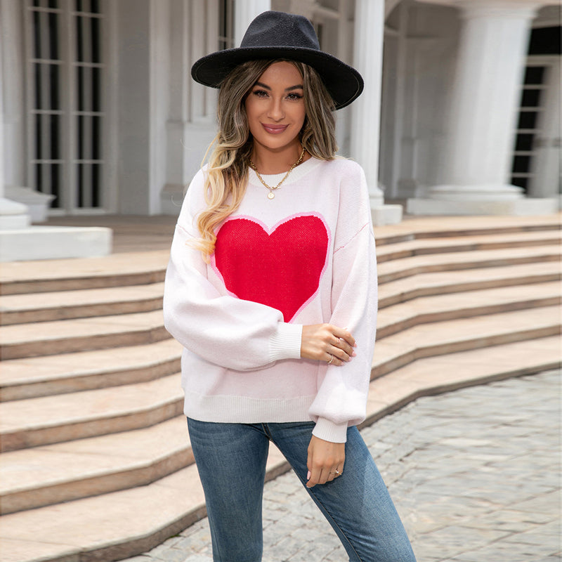 Round Neck Love Sweater Pullover Plus Size Peach Heart Sweater