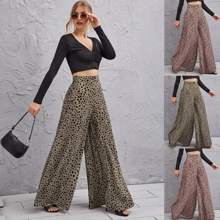 Loose High Waist Leopard Print Drape Trousers Swing Leg Pants