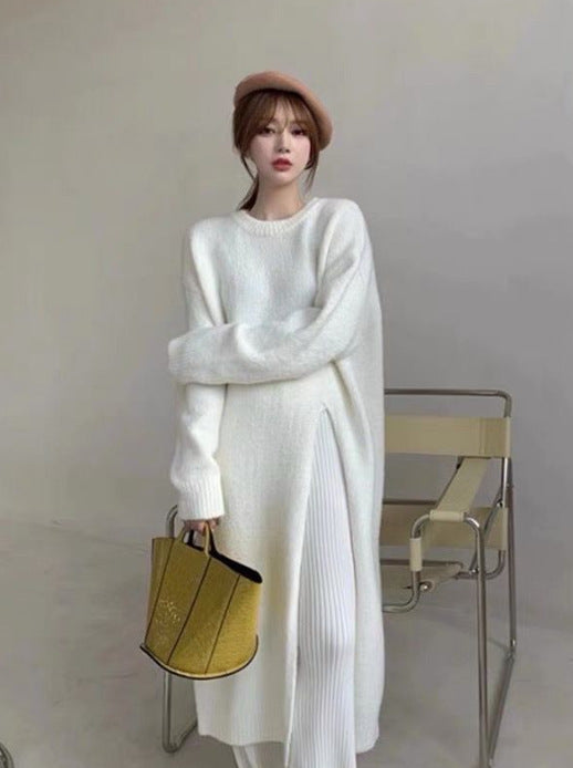 Loose And Idle Pullover Side Slit Over The Knee Knitted Sweater Dress