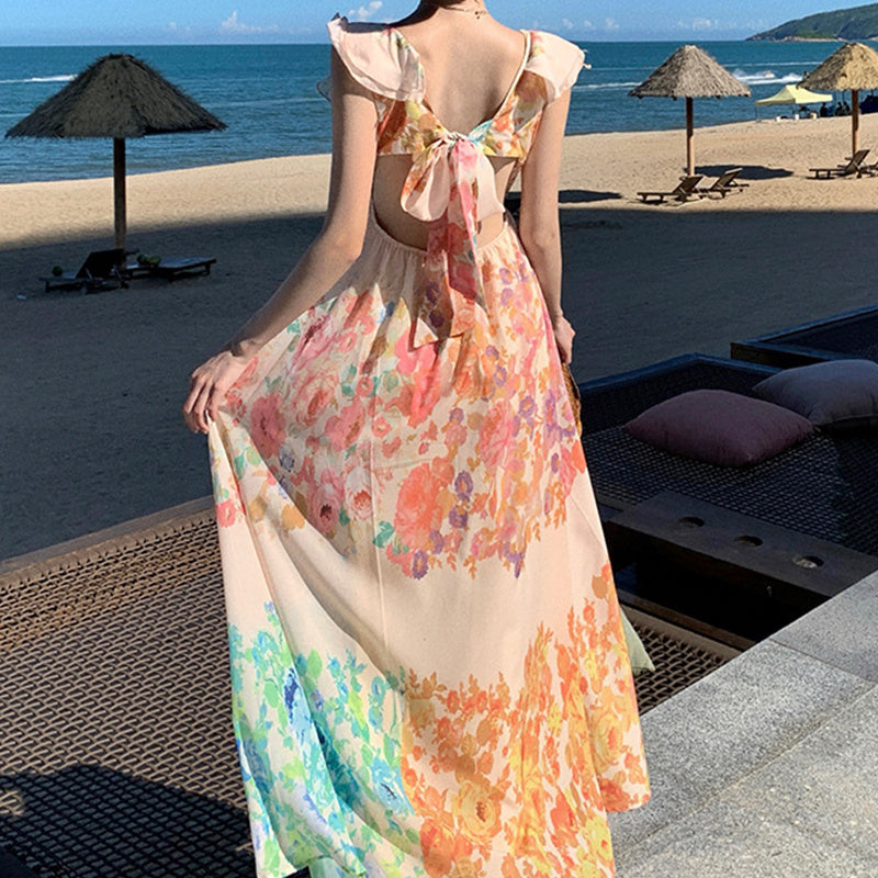 Fashion V-neck Ruffle Sleeve Long Dress Summer Romantic French-Style Flowers Print Bow-knot Backless Design Beach Vacation Dresses Womens Clothing