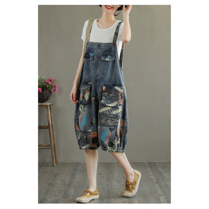 Women's Printed Denim Bloomers Split Overalls