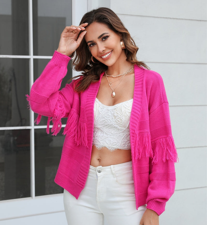 Women's Short Knitted Cardigan Tassel Sweater Top