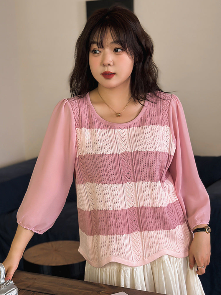 Round Neck Sweet Stitching Long Sleeve Loose Striped Sweater