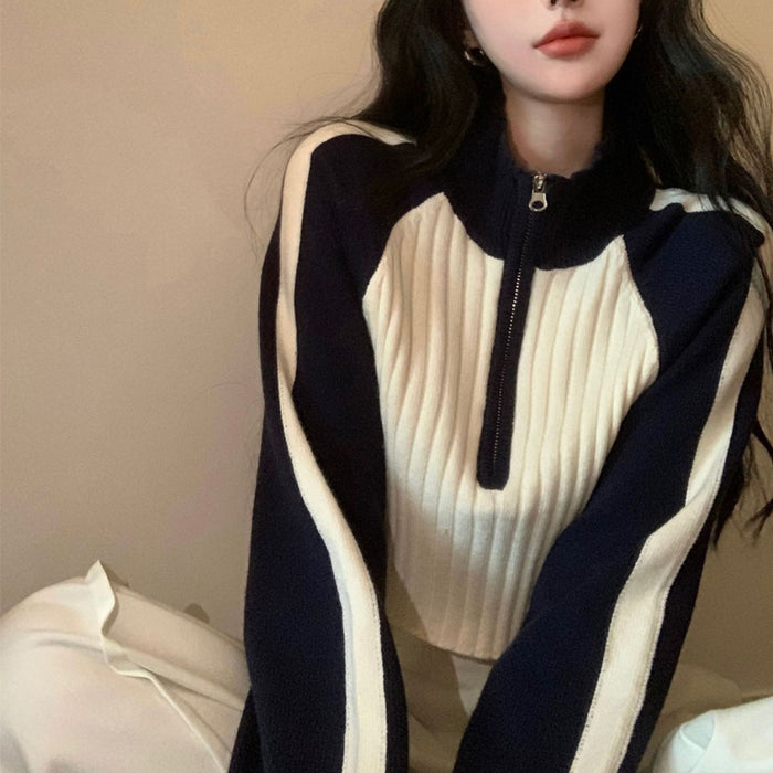 Sweet Cool Korean Style Women's Contrast Color Sweater Autumn And Winter New High Waist Raglan Sleeve Zipper Short Sweater