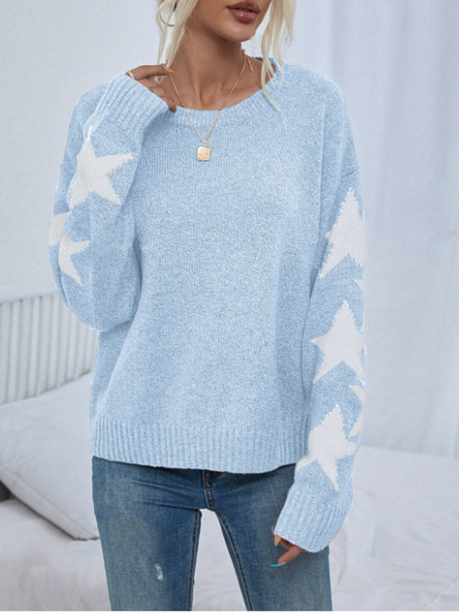 Women's Knitted Sweater Fashion Solid Color Five-pointed Star Jacquard Crew Neck Pullover Sweater