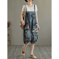 Women's Printed Denim Bloomers Split Overalls