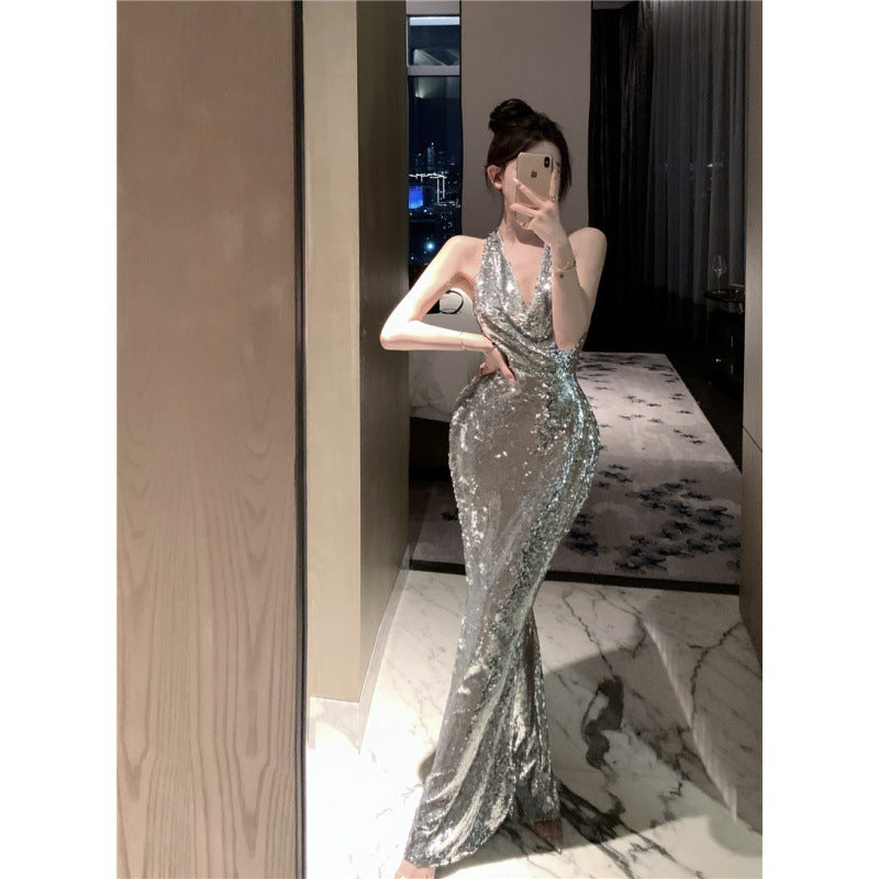 Glitter Silver Dress High-grade Light Luxury Evening Dress