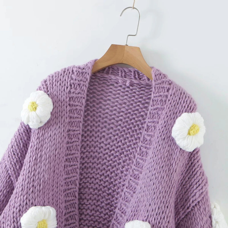 Pure Handmade Cardigan Slim Crochet Puff Three-dimensional Large Flower Sweater Women's Knitted Sweater