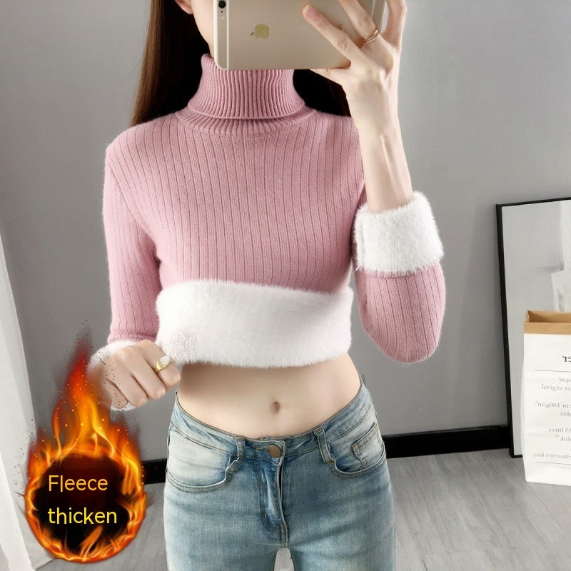 Turtleneck Fleece-lined Sweater Women's Thermal Knitting Bottoming Shirt