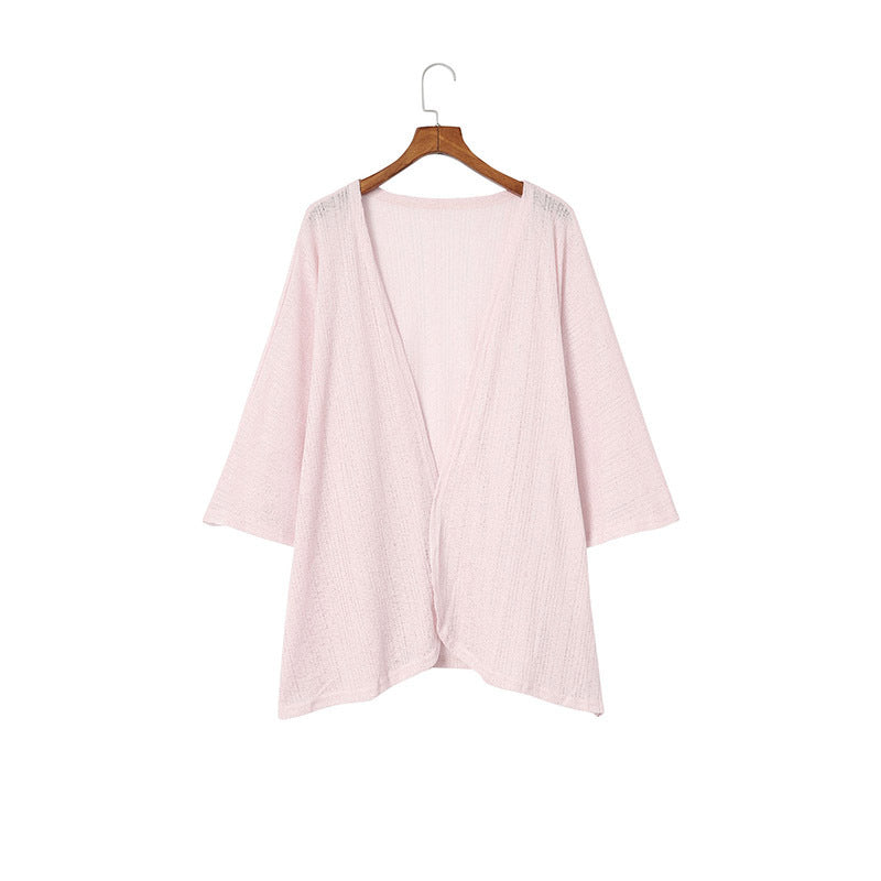 Summer Solid Color Knitted Wool Long-sleeved Shirt Thin Casual Loose Cardigan For Women