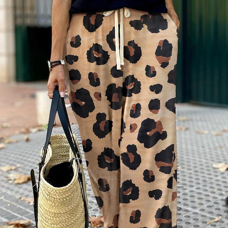 Leopard Print Wide-leg Pants Women's European And American Personalized Drawstring