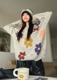 Pullove Round Neck Flower Mid-length Loose Sweater