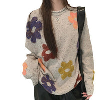 Pullove Round Neck Flower Mid-length Loose Sweater