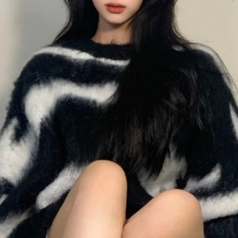 Striped Imitated Mink Fluff Soft Glutinous Loose Round Neck Sweater