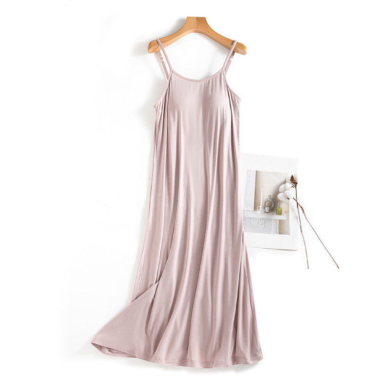All-matching Cup With Bra Pad One-piece Casual Bottoming Nightdress For Below-the-knee Tank Tops