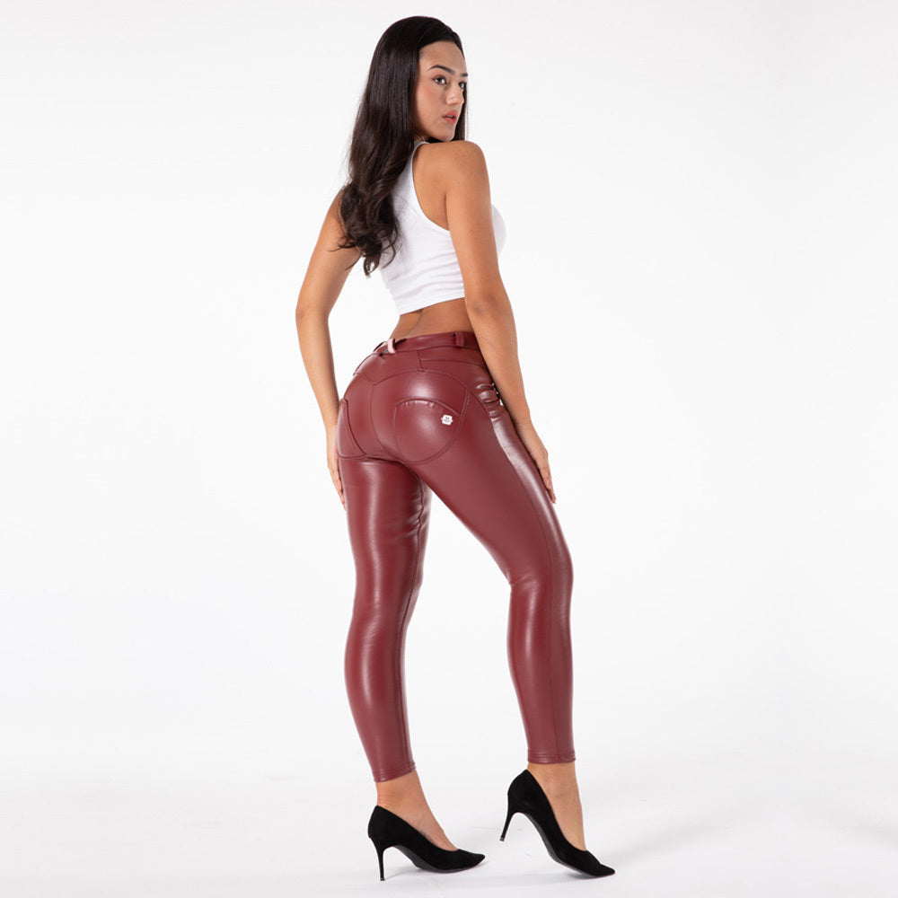 shascullfites melody Hip Push-Up Pants Four-Way Stretch Leggings burgundy vegan leather leggings booty shaping effect