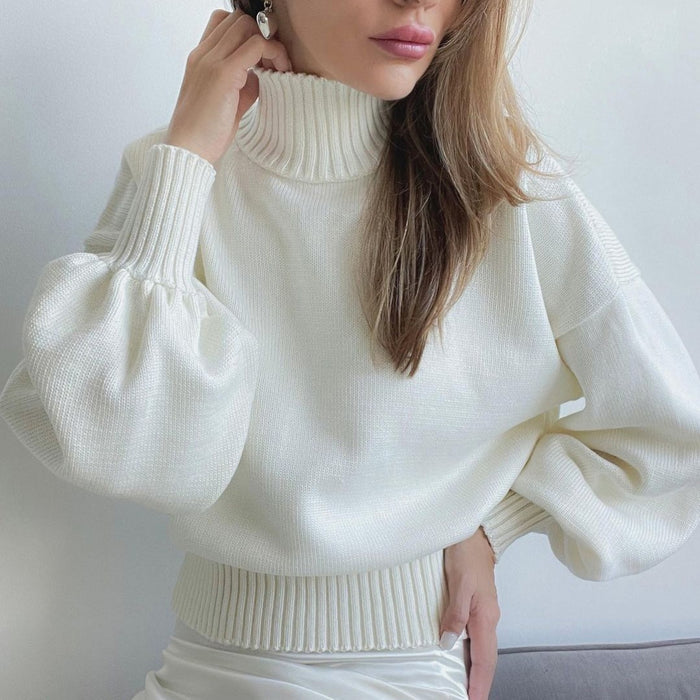 Solid Color Puff Sleeve Turtleneck Fashion Casual Sweater