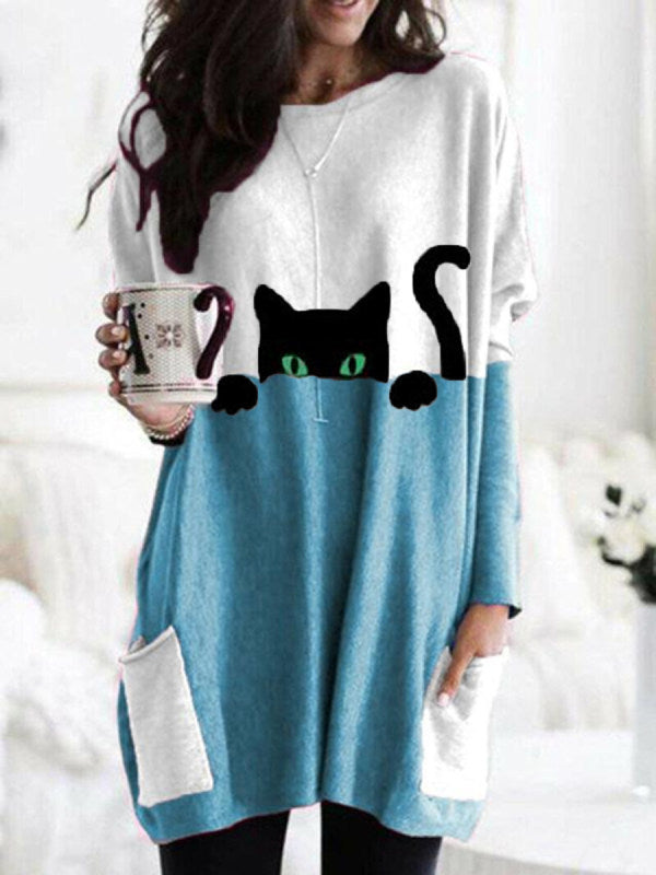 Women's Black Cat Print Round Neck Contrast Color Patchwork Pocket Long Sleeve T-shirt