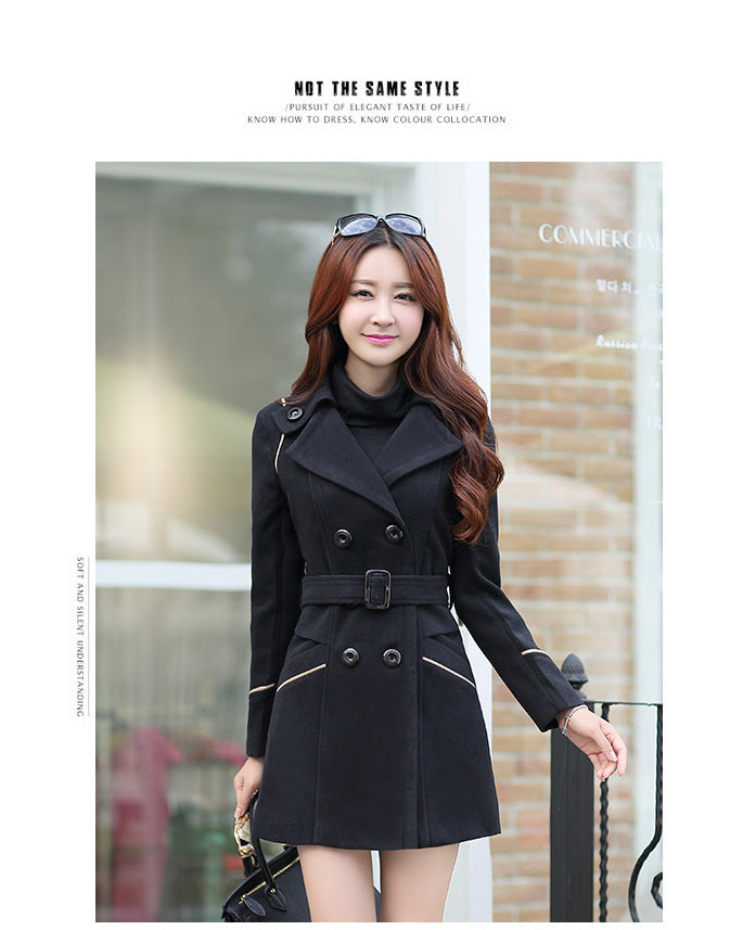 19 Autumn And Winter New Korean Style Coat Double-breasted Mid-length Slim Fit Fashion Coat Women's Clothing