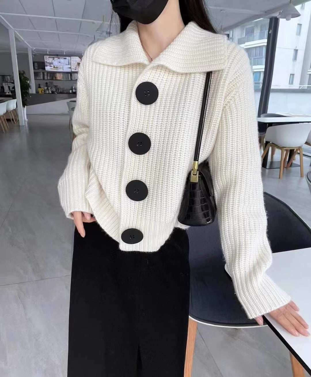 Long Sleeve Loose Korean Fashion Big Buckle Lapel Short Sweater