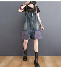 Personality Retro Contrast Color Casual High Waist Slim Denim Overalls