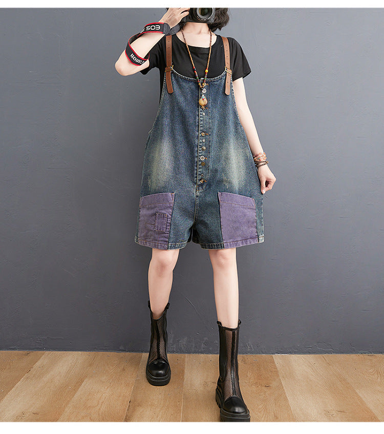 Personality Retro Contrast Color Casual High Waist Slim Denim Overalls