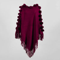 Fringed Cloak Shawl Hair Ball Round Neck Pullover Solid Color Sweater Women