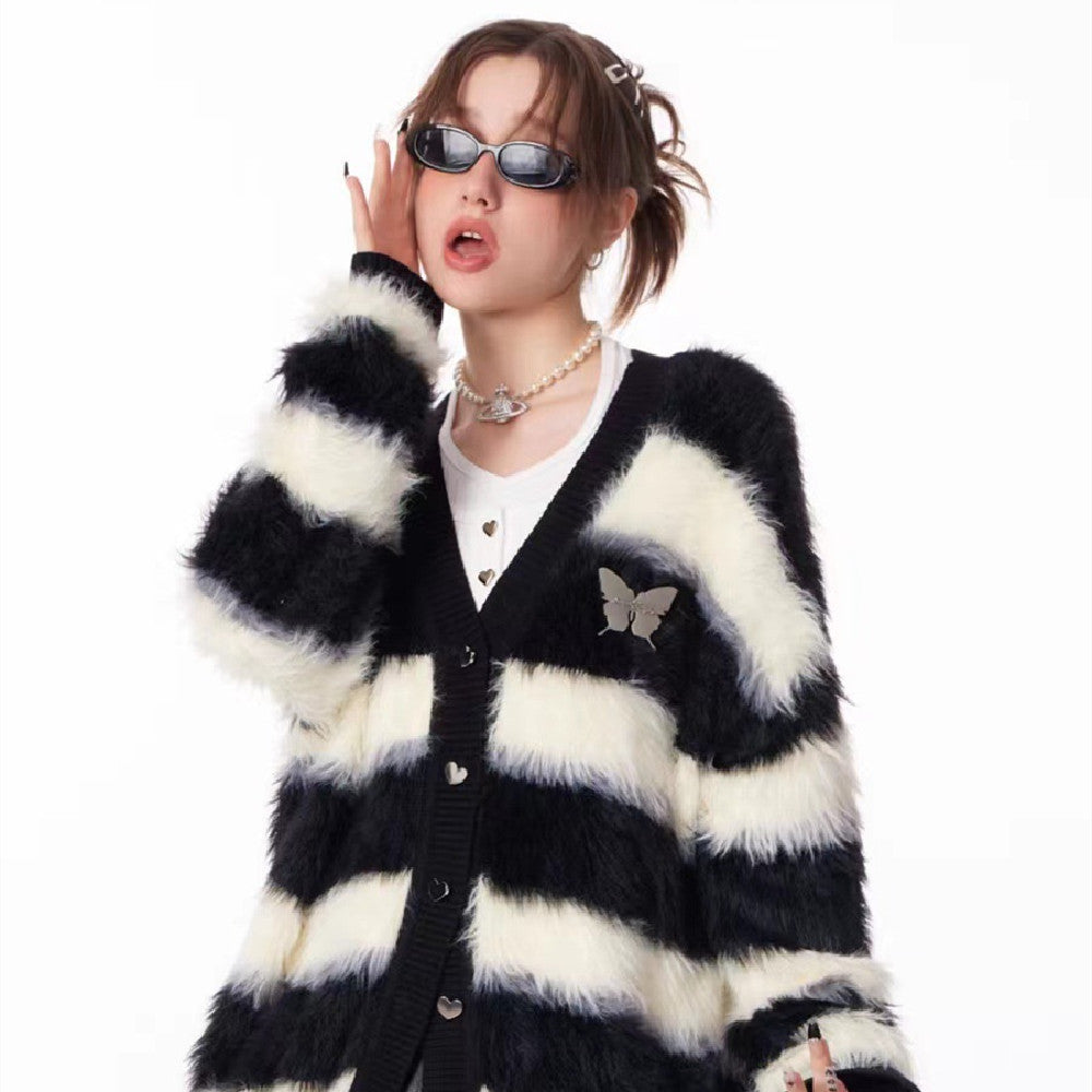 Black And White Striped Soft Glutinous Thick Lazy Knitted Cardigan