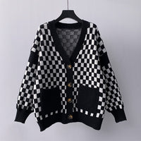 Chessboard Plaid Sweater Knitted Cardigan New Japanese Lazy Style Loose Top Coat