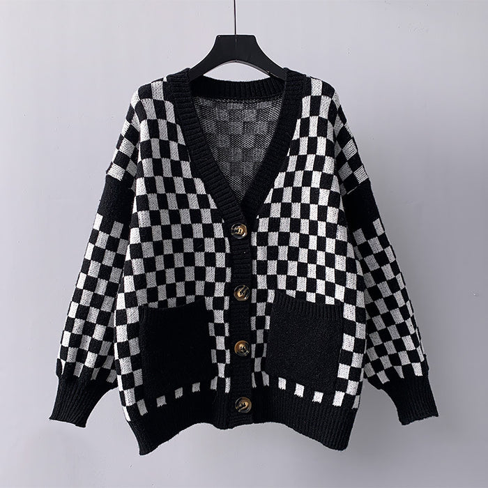 Chessboard Plaid Sweater Knitted Cardigan New Japanese Lazy Style Loose Top Coat