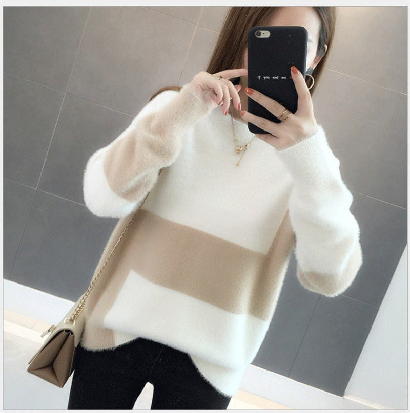 Casual Loose Pullover Long Sleeve Top Mink Wool Sweater