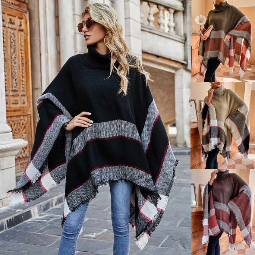 New Style High Collar Plaid Tassel Shawl Sweater Coat