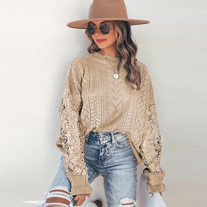 Loose Round Neck Cutout Floral Long-sleeved Sweater