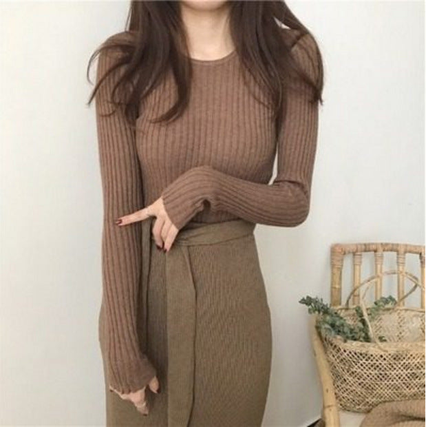 Women's Round Neck Cored Yarn Slimming Knitted Long Sleeve Slim Fit Skinny Warm Sweater