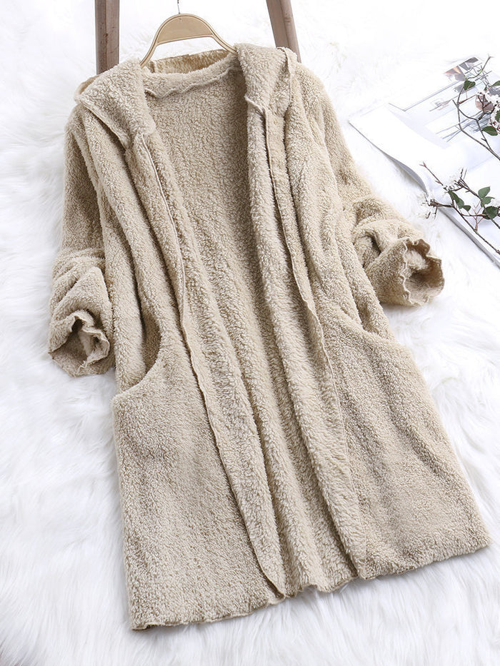 Casual Solid Color Long-sleeved Hooded Plush Jacket