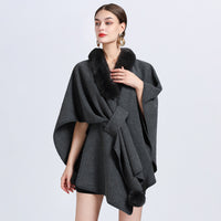 Imitation Rex Rabbit Fur Collar Cape And Shawl Female Loose Knitted Cardigan