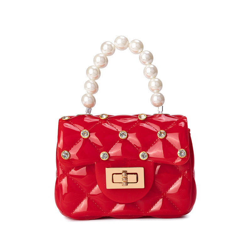 Children's Jelly Bag Rhombic Chain Pearl Handbag