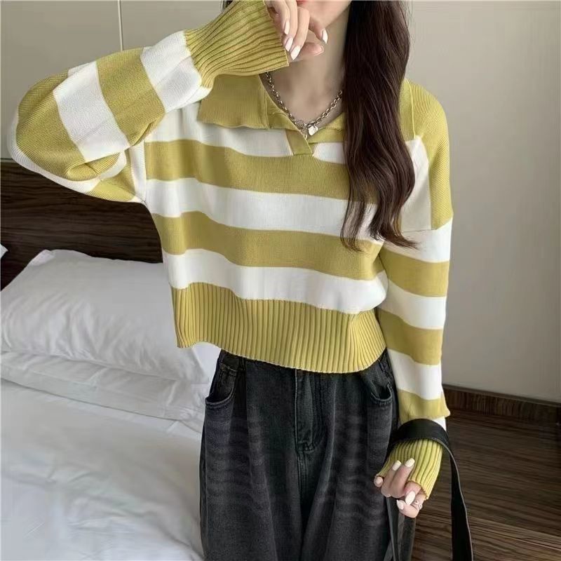 Polo Collar Stripes Knitwear Loose Small Short Sweater Autumn And Winter