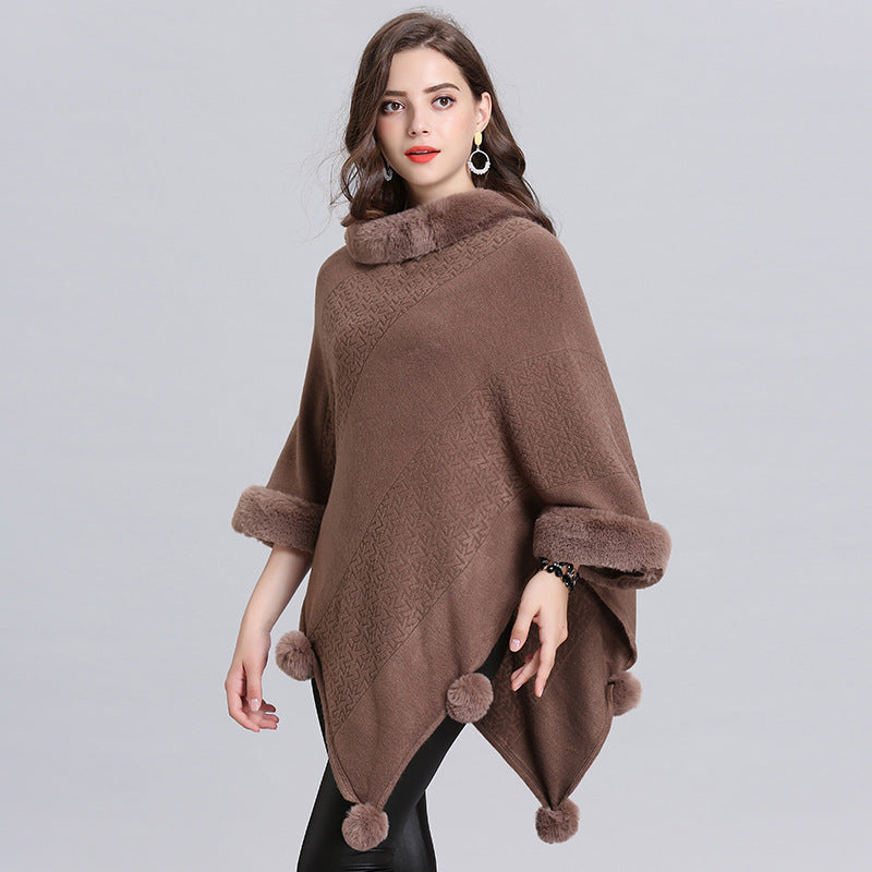 New Style Fox Fur Collar Jacquard Pullover Sweater Shawl