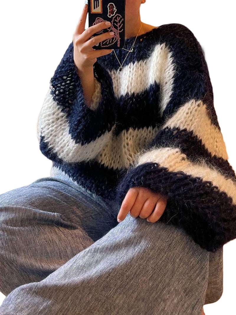 Round Neck Loose Blue And White Striped Sweater