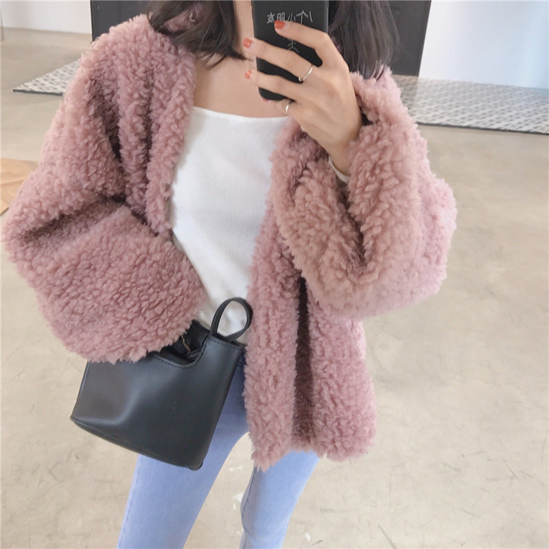 Fallwinter Women's Lamb Wool Top Pure Color Korean Ins Temperament