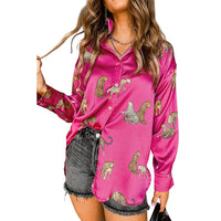 Solid Color Satin Long Sleeve Cardigan Animal Print Shirt