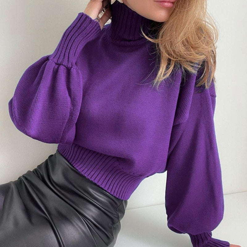 Solid Color Puff Sleeve Turtleneck Fashion Casual Sweater