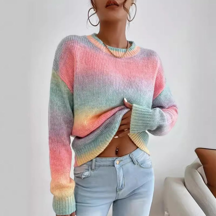 Stitching Contrast Color Knitted Sweater Fashion Pullover Round Neck Gradient Rainbow Striped Top