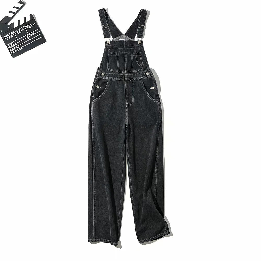 Loose Straight Retro Denim Suspender Pants