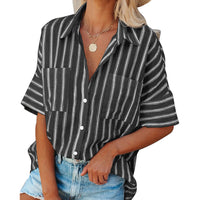 Women's Striped Lapel Short Sleeve Cardigan Single Breasted Casual Shirt