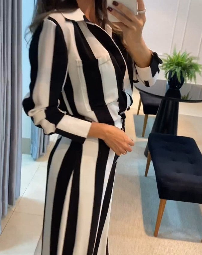 Fashion Striped Pocket Design Shirt Wide Leg Pants Suit