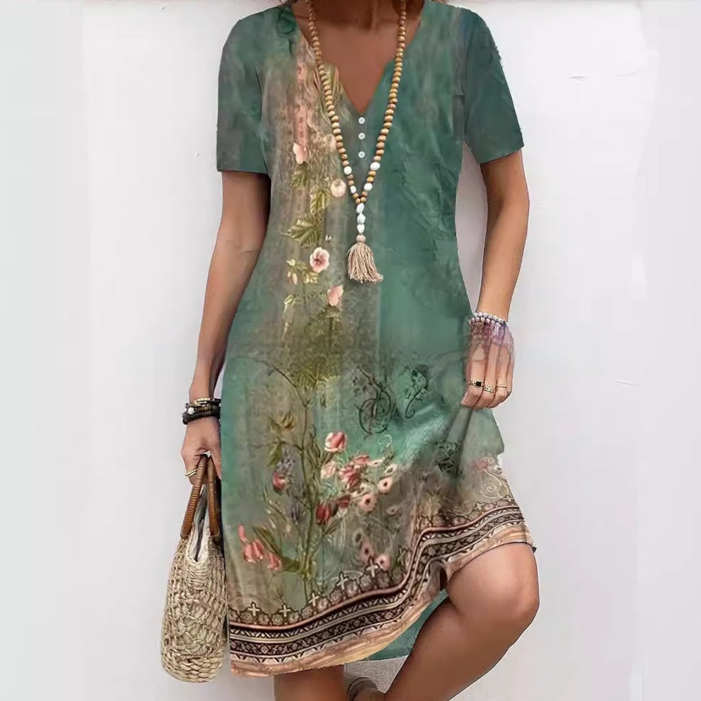 Spring And Summer Digital Printed V-neck Dress