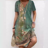 Spring And Summer Digital Printed V-neck Dress