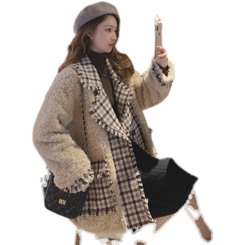 Temperament Commuter Check Stitching Lambs Wool Coat